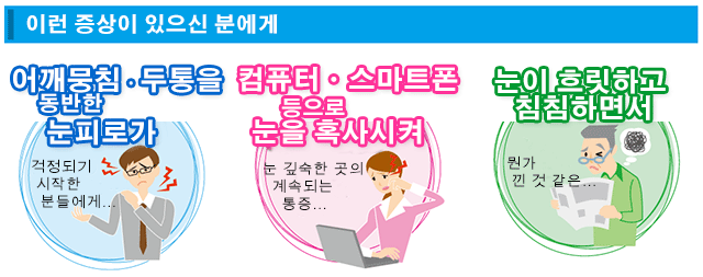 이런 증상이 있으신 분에게. 어깨뭉침ㆍ두통동반한눈피로가걱정되기 시작한 분들에게… 컴퓨터ㆍ스마트 등으로 눈을 혹사시켜. 눈 깊숙한 곳의 계속되는 통증… 눈이 흐릿하고 침침하면서. 뭔가 낀 것 같은…