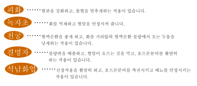 *괴화……혈관을 강화하고, 출혈을 멈추게하는 작용이 있습니다. *녹자초……화를 억제하고 혈압을 안정시켜 줍니다. *천궁……혈액순환을 좋게 하고, 화를 가라앉혀 혈액순환 불량에서 오는 두통을 낫게하는 작용이 있습니다. *결명자……불량변을 배출하고, 혈압이 오르는 것을 막고, 호르몬분비를 활발히 하는 작용이 있습니다.*석남화엽……신장작용을 활발히 하고, 호르몬분비를 촉진시키고 배뇨를 안정시키는 작용이 있습니다.