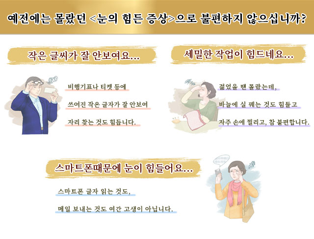 예전에는 몰랐던 ＜눈의 힘든 증상＞으로 불편하지 않으십니까?