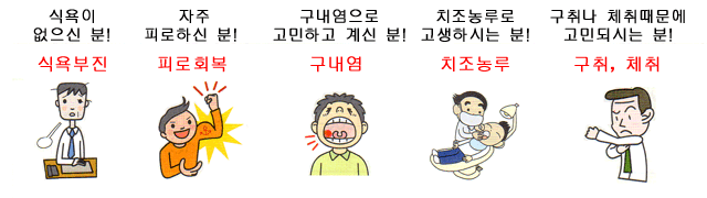 ◆식욕이 없으신 분! (식욕부진) ◆자주 피로하신 분! (피로회복) ◆구내염으로 고민하고 계신 분! (구내염) ◆치조농루로 고생하시는 분! (치조농루)  ◆구취나 체취때문에 고민되시는 분! (구취, 체취)